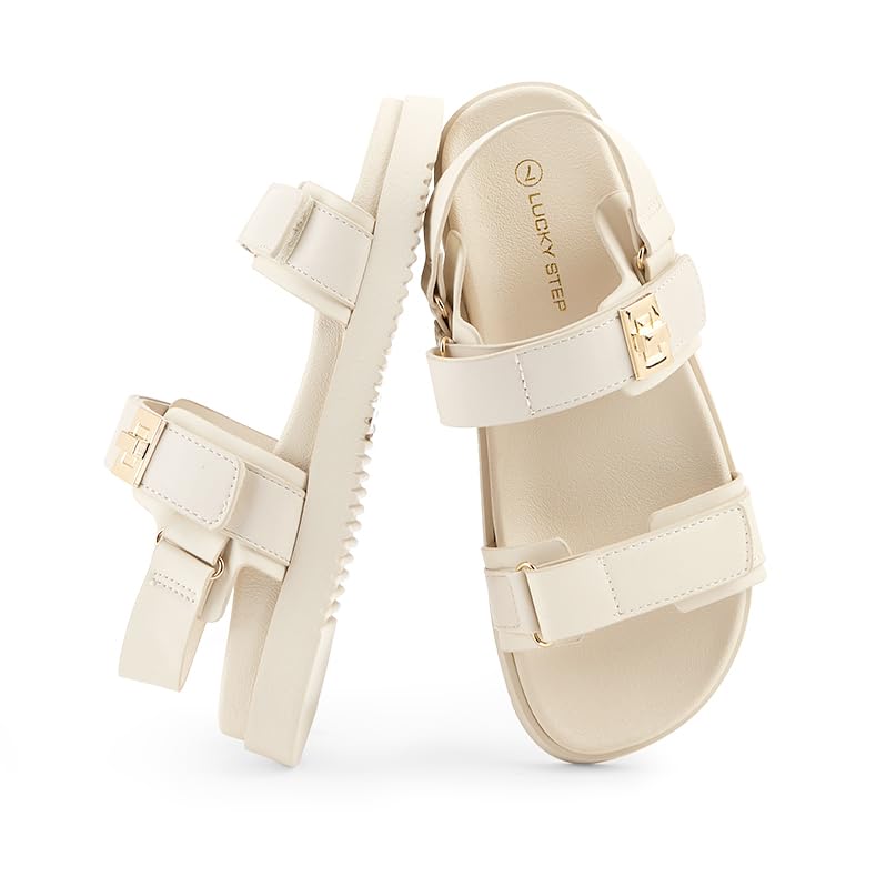 LUCKY STEP Women's Flat Sandals Casual Open Toe Beach Sandals Adjustable Double Strap Summer Sandals(7 M US Beige) - Image 1