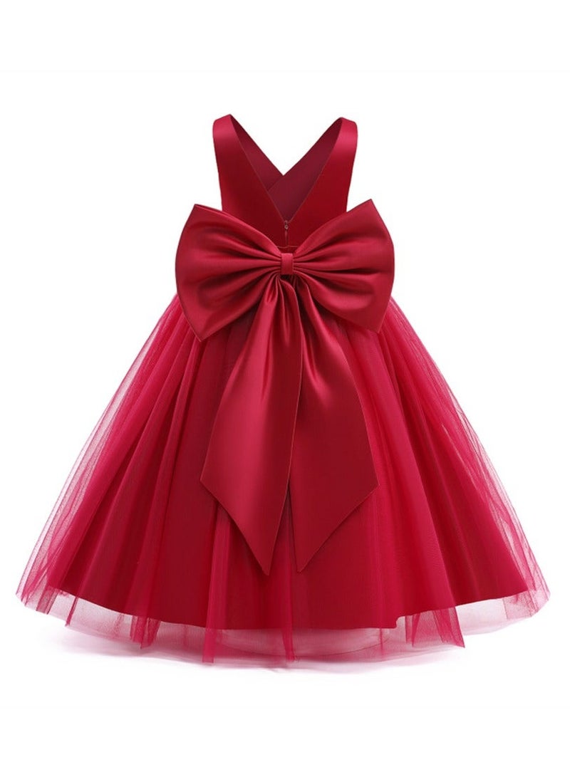Girls Red Satin Tulle Flower Dress, Sleeveless V Neck Pageant Gown with Big Back Bow, Kids Off-Shoulder Princess Dress Costumes for Wedding Birthday Party Formal Occasion - Image 2