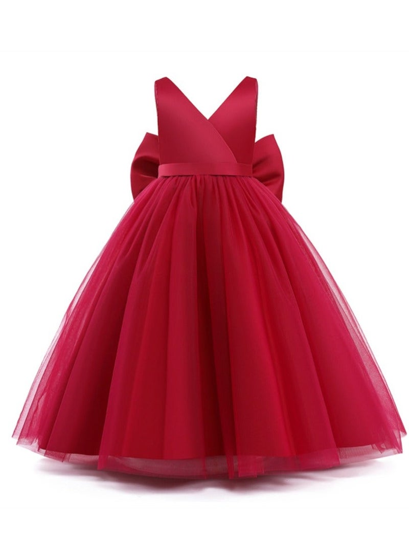 Girls Red Satin Tulle Flower Dress, Sleeveless V Neck Pageant Gown with Big Back Bow, Kids Off-Shoulder Princess Dress Costumes for Wedding Birthday Party Formal Occasion - Image 1