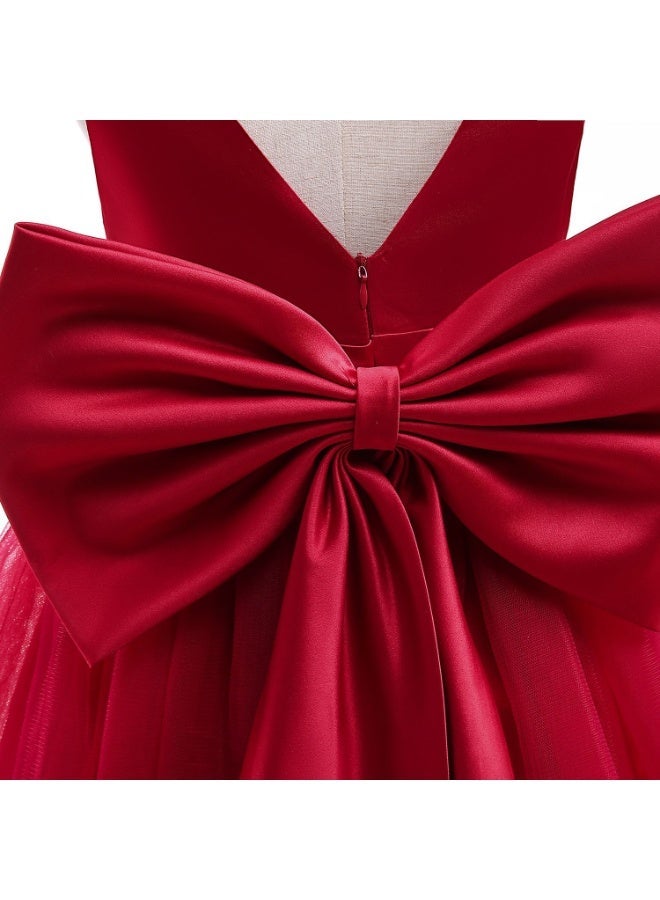 Girls Red Satin Tulle Flower Dress, Sleeveless V Neck Pageant Gown with Big Back Bow, Kids Off-Shoulder Princess Dress Costumes for Wedding Birthday Party Formal Occasion - Image 5
