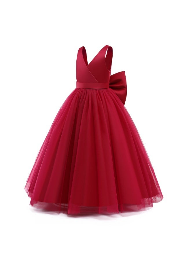 Girls Red Satin Tulle Flower Dress, Sleeveless V Neck Pageant Gown with Big Back Bow, Kids Off-Shoulder Princess Dress Costumes for Wedding Birthday Party Formal Occasion - Image 3