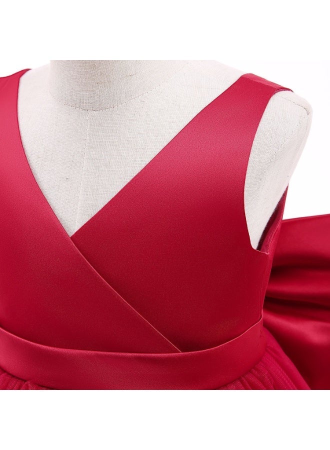 Girls Red Satin Tulle Flower Dress, Sleeveless V Neck Pageant Gown with Big Back Bow, Kids Off-Shoulder Princess Dress Costumes for Wedding Birthday Party Formal Occasion - Image 4