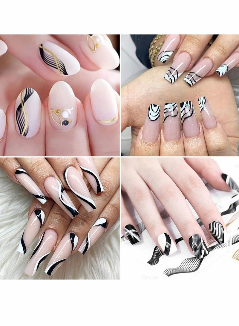 Captaintech 6 Sheets Metallic Nail Stickers 3D Self Adhesive Black White Gold Silver Stripe Wave Line Decals Curve Lines Striping Tape Art Design for Women Girls - Image 5