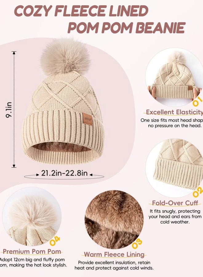 APEVAN Womens Winter Hat Gloves Scarf Headband Set, Pom Pom Beanie Long Scarf Touchscreen Gloves Ear Warmer, 4 in 1 Warm Gift Set, Oatmeal, One size - Image 2