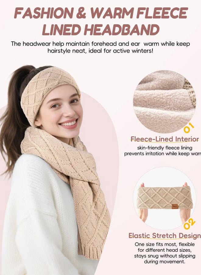 APEVAN Womens Winter Hat Gloves Scarf Headband Set, Pom Pom Beanie Long Scarf Touchscreen Gloves Ear Warmer, 4 in 1 Warm Gift Set, Oatmeal, One size - Image 3