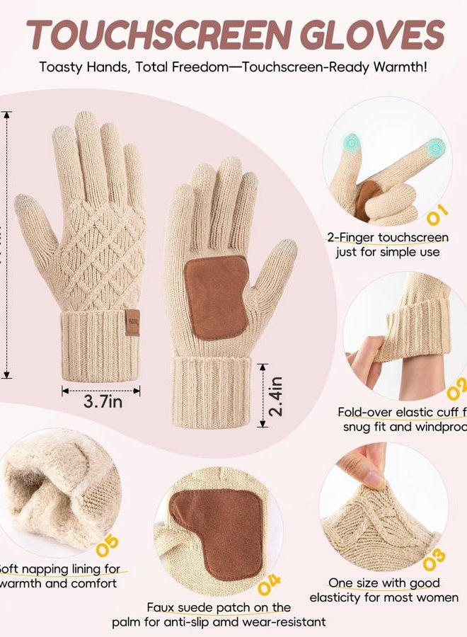 APEVAN Womens Winter Hat Gloves Scarf Headband Set, Pom Pom Beanie Long Scarf Touchscreen Gloves Ear Warmer, 4 in 1 Warm Gift Set, Oatmeal, One size - Image 4