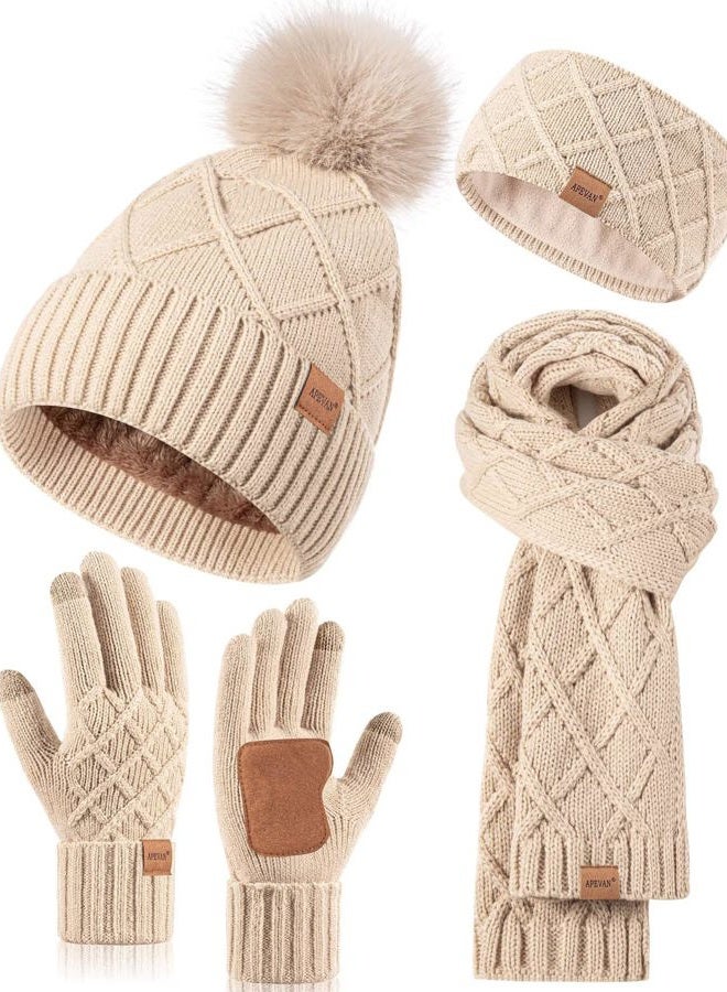 APEVAN Womens Winter Hat Gloves Scarf Headband Set, Pom Pom Beanie Long Scarf Touchscreen Gloves Ear Warmer, 4 in 1 Warm Gift Set, Oatmeal, One size - Image 1