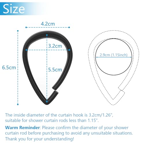 Top-spring Shower Curtain Hooks Black Plastic Shower Curtain Rings, Drop Shaped Shower Hooks for Curtain Bathroom Shower Rod - Set of 12 - Image 4