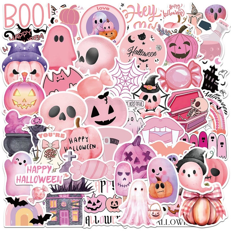 50 new pink Halloween cartoon stickers girl heart pumpkin ghost DIY notebook mobile phone guitar stickers