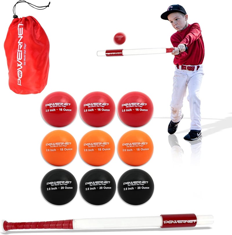 PowerNet Sweet Spot Training Bat + 2.8"" Progressive Baseball Training Balls for Hitting & Pitching, 9 Pack Pro Weighted Balls & Weighted Bat, Improve Hand-Eye Coordination & Power - Image 1