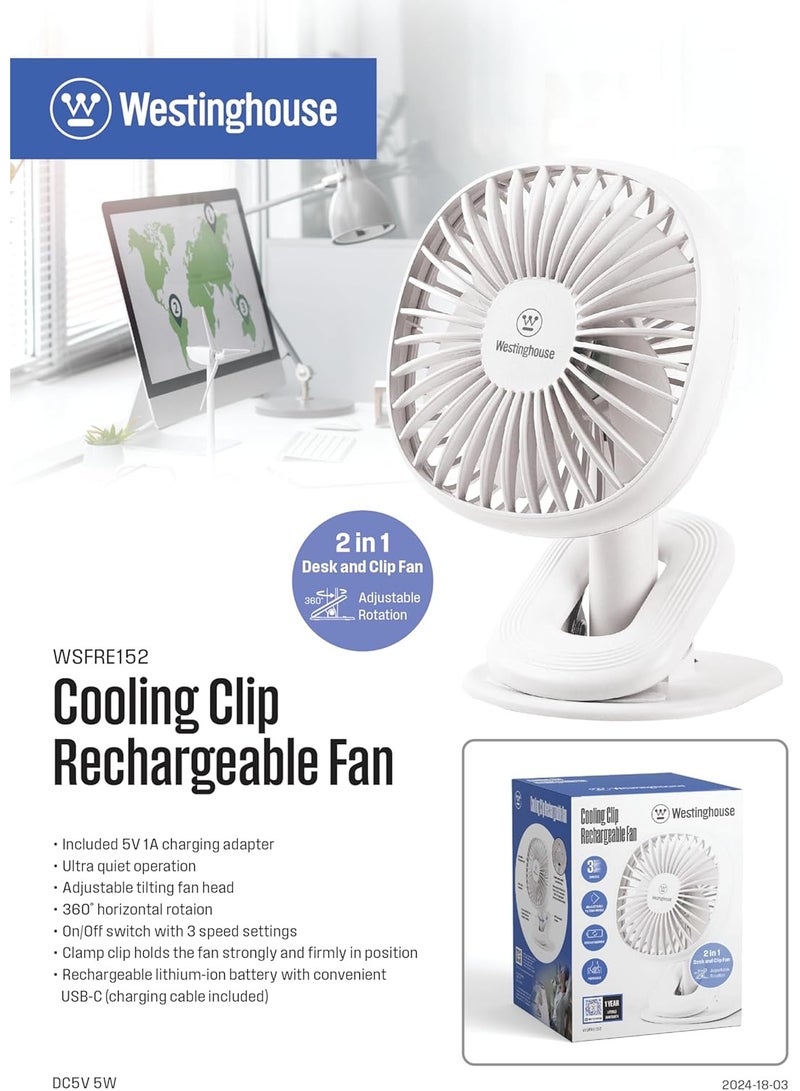 Westinghouse Westinghouse Portable Clip-On Desk Fan – 3 Speed Rechargeable Battery Operated Fan with Adjustable Tilt, Compact Quiet Cooling for Home, Office, and Travel – 190mm x 140mm  - Image 2