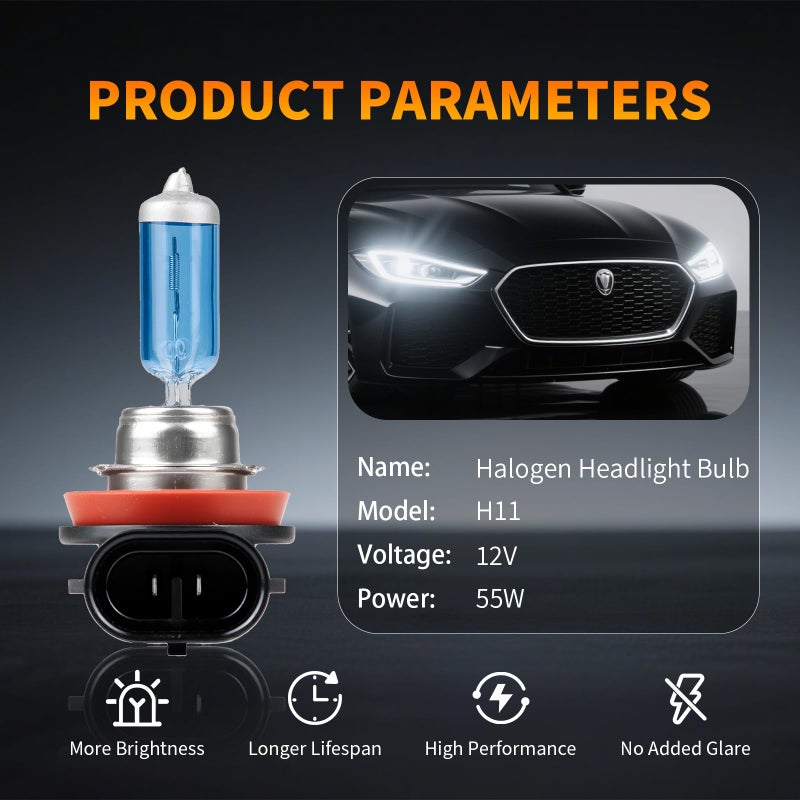 LUVALON H11 Headlight Bulb, 12V 55W H11 Halogen Headlight Bulbs, High Beam, Low Beam and Fog Light Replacement, Automotive Headlight Bulbs, High Performance, Super Bright, 2 Pack - Image 4