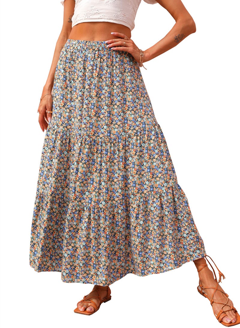 KIRUNDO Maxi Skirts for Women 2026 Summer Boho Floral High Waist Casual Flowy Long Skirt Beach Vacation Cruise Resort Wear(Navy, Large) - Image 1