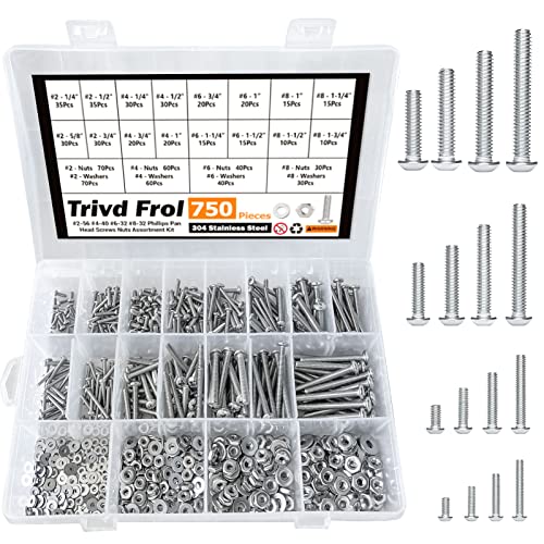 Trivd Frol 750PCS #2-56#4-40#6-32#8-32 Phillips Pan Head Screws Bolt Nut Flat Washers 304 Stainless Steel Machine Screws Nuts Washers Assortment Kit (#2-56#4-40#6-32#8-32) - Image 1