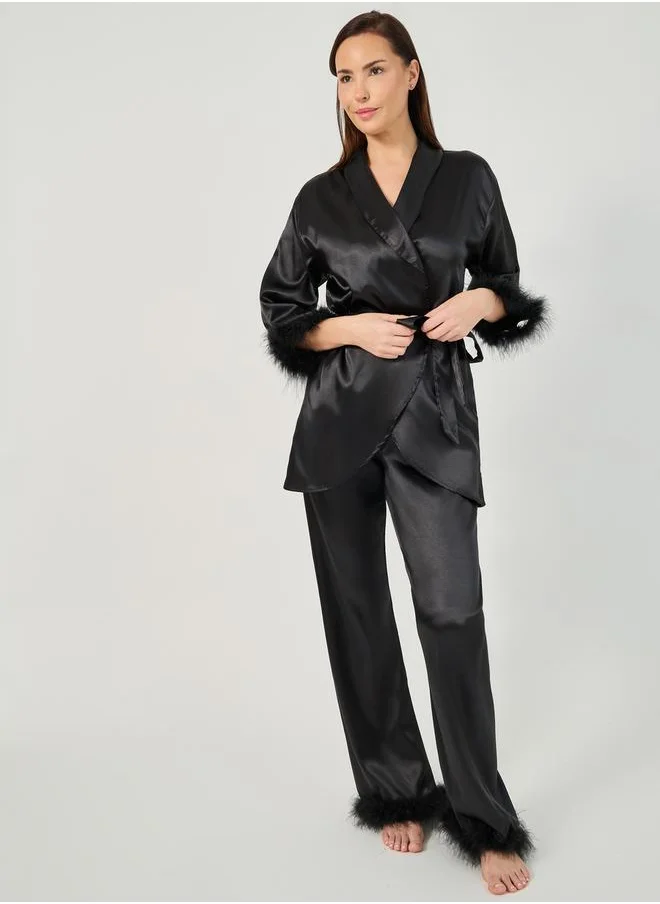 Styli Faux Feather Trim Longline Wrap Robe and Pyjama Set