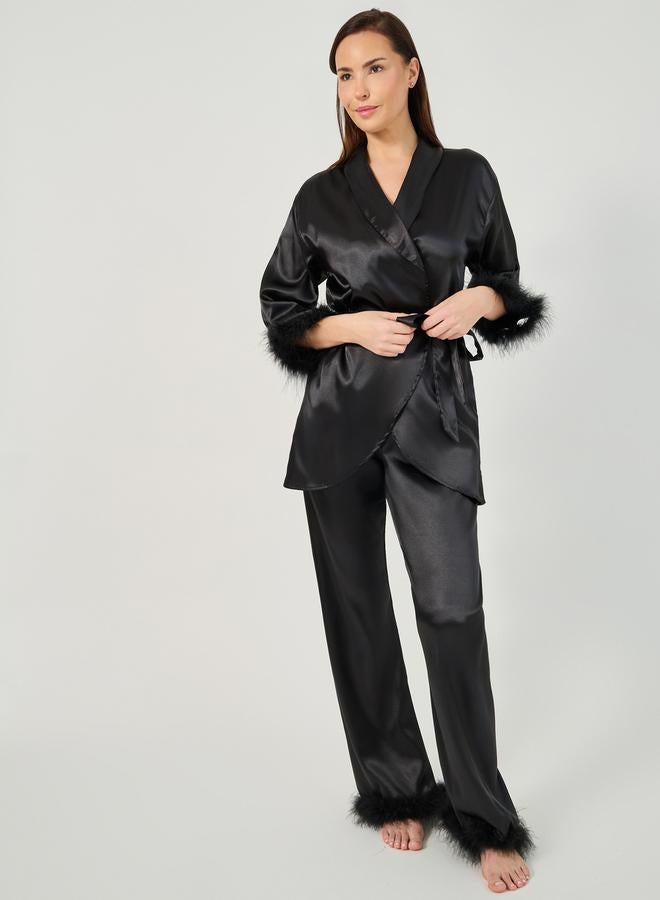 Styli Faux Feather Trim Longline Wrap Robe and Pyjama Set  - Image 1