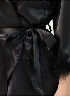 Styli Faux Feather Trim Longline Wrap Robe and Pyjama Set  - Image 3
