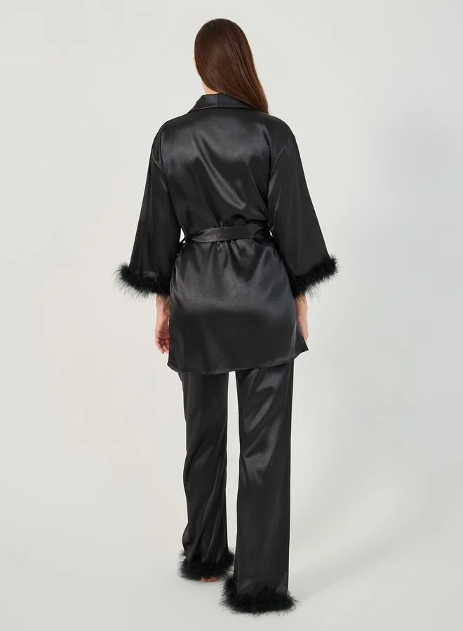 Styli Faux Feather Trim Longline Wrap Robe and Pyjama Set