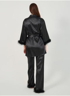 Styli Faux Feather Trim Longline Wrap Robe and Pyjama Set  - Image 4