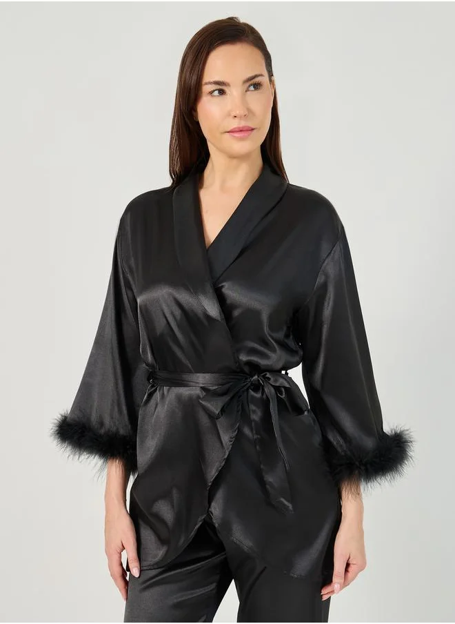 Styli Faux Feather Trim Longline Wrap Robe and Pyjama Set