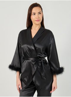 Styli Faux Feather Trim Longline Wrap Robe and Pyjama Set  - Image 2