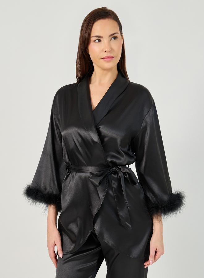 Styli Faux Feather Trim Longline Wrap Robe and Pyjama Set  - Image 2