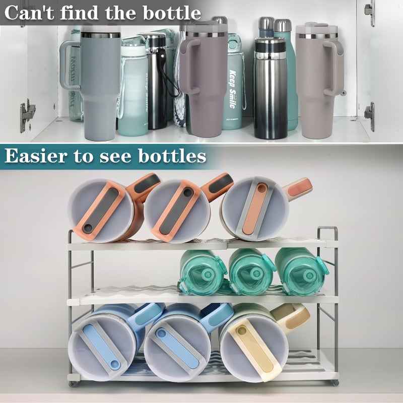 JUPELI 10.6-16.7" Adjustable Width Water Bottle Organizer for Cabinet, 3-Tier Expandable Water Bottle Holder Rack, Cup and Tumbler Storage for Kitchen Organization, Sports Flask, Insulated Travel Mug, Fridge - Image 5