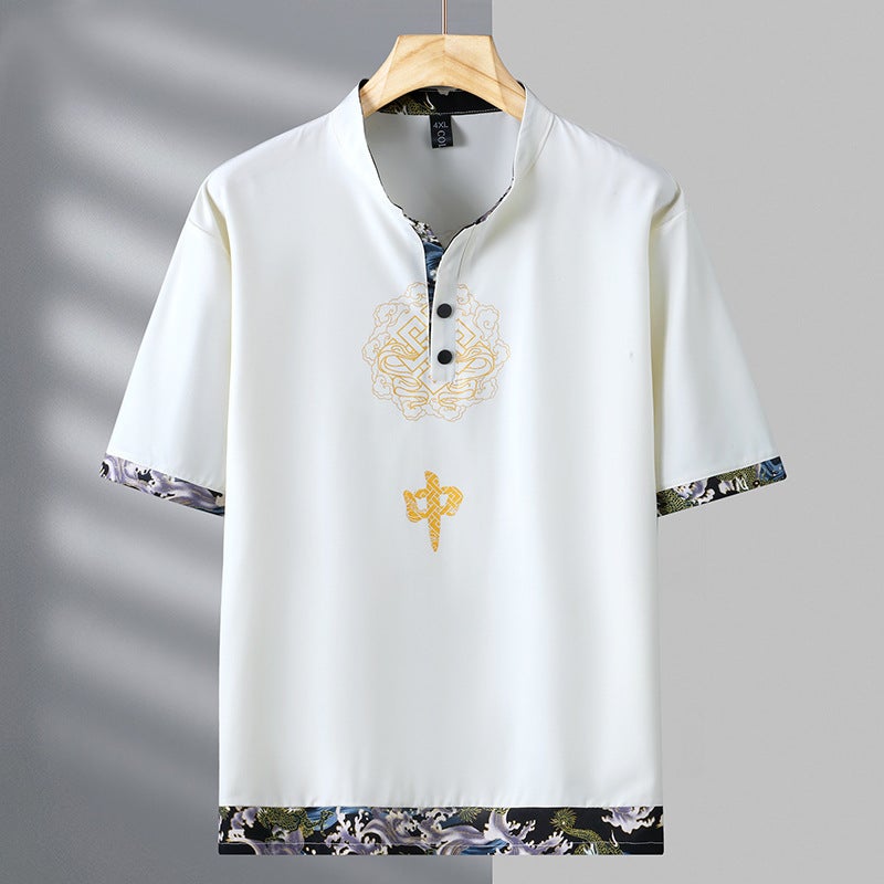Plus Size Turn-down Collar Short Sleeve Men Summer Chinese Style Set Loose Casual Trousers Ice Silk Three-Piece Outfit - Image 2