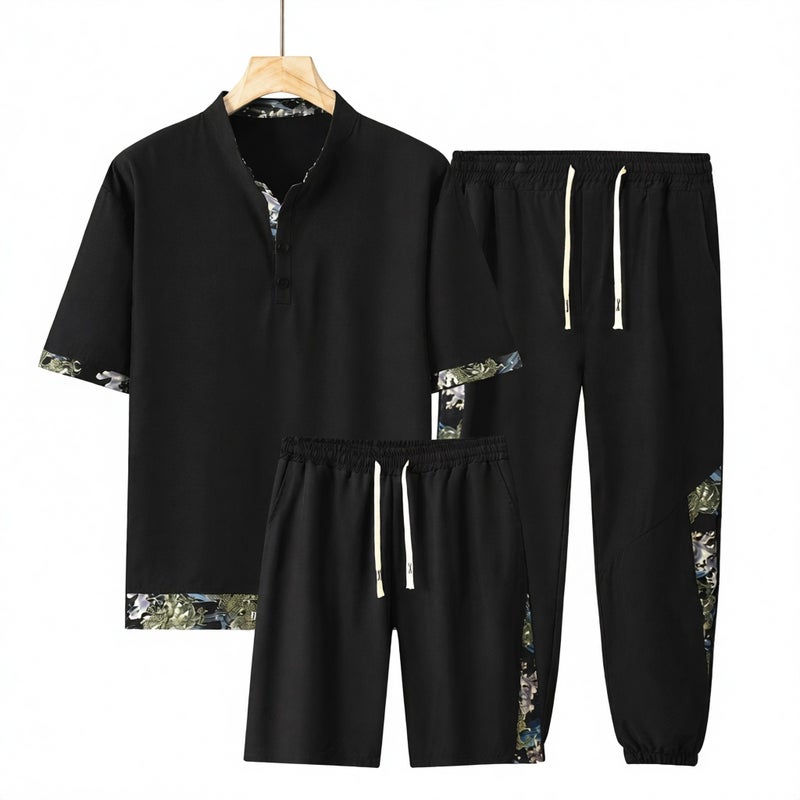 Plus Size Turn-down Collar Short Sleeve Men Summer Chinese Style Set Loose Casual Trousers Ice Silk Three-Piece Outfit - Image 1
