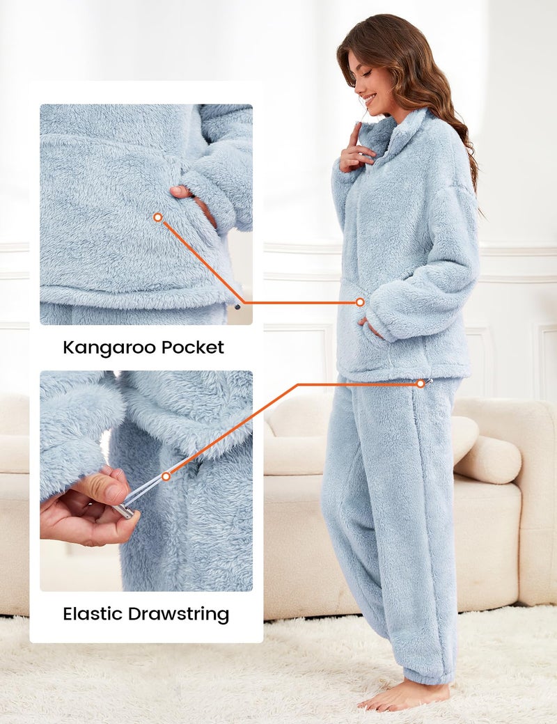 Yimoon Womens Fluffy Pajamas Set Warm Fleece Pjs Half Zip Pullover Pants 2 Piece Sleepwear Winter Fuzzy Loungewear(Blue-M) - Image 5