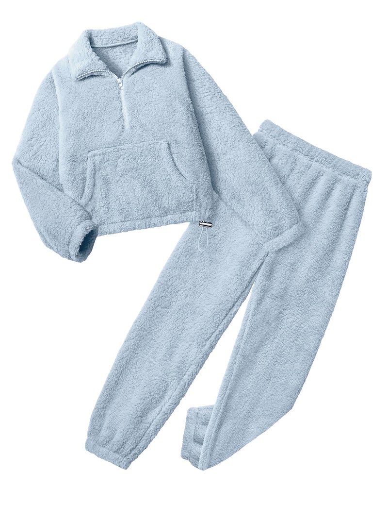 Yimoon Womens Fluffy Pajamas Set Warm Fleece Pjs Half Zip Pullover Pants 2 Piece Sleepwear Winter Fuzzy Loungewear(Blue-M) - Image 1