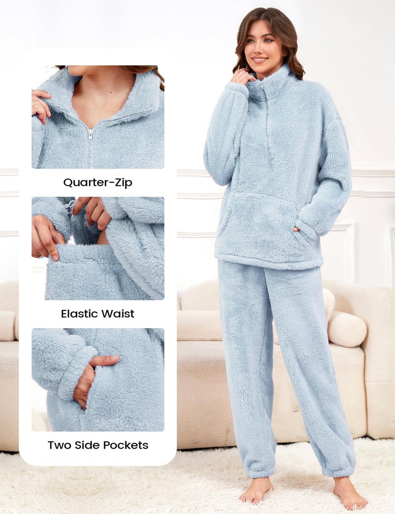 Yimoon Womens Fluffy Pajamas Set Warm Fleece Pjs Half Zip Pullover Pants 2 Piece Sleepwear Winter Fuzzy Loungewear(Blue-M) - Image 4