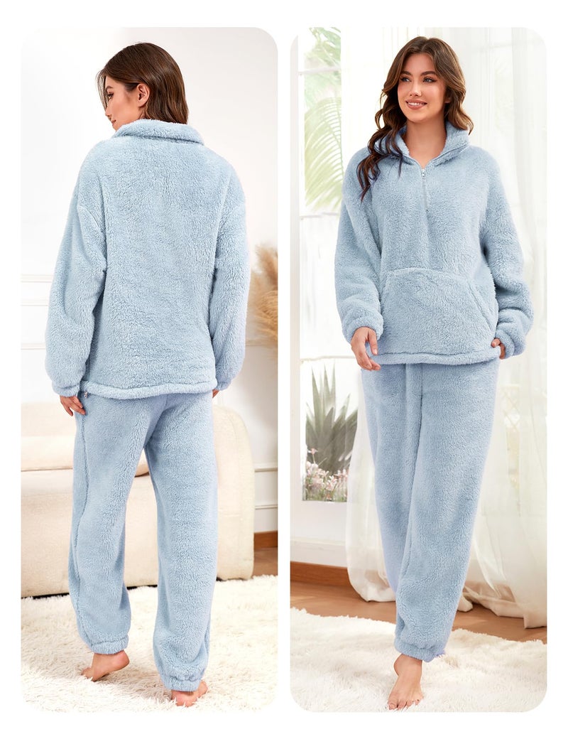 Yimoon Womens Fluffy Pajamas Set Warm Fleece Pjs Half Zip Pullover Pants 2 Piece Sleepwear Winter Fuzzy Loungewear(Blue-M) - Image 2
