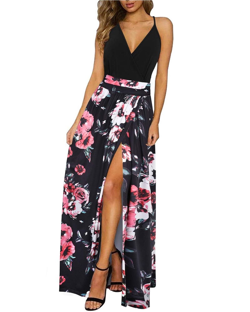Newshows Spring Dresses for Women 2025 V Neck Bridal Shower Sleeveless Casual Floral Split Vestidos Beach Vacation Long Flowy Maxi Dresses Trendy(Black Floral Pink White,M) - Image 1