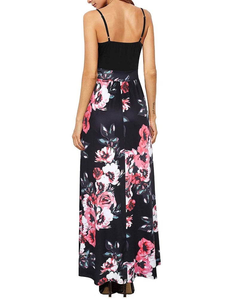Newshows Spring Dresses for Women 2025 V Neck Bridal Shower Sleeveless Casual Floral Split Vestidos Beach Vacation Long Flowy Maxi Dresses Trendy(Black Floral Pink White,M) - Image 5