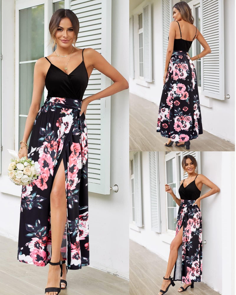 Newshows Spring Dresses for Women 2025 V Neck Bridal Shower Sleeveless Casual Floral Split Vestidos Beach Vacation Long Flowy Maxi Dresses Trendy(Black Floral Pink White,M) - Image 2