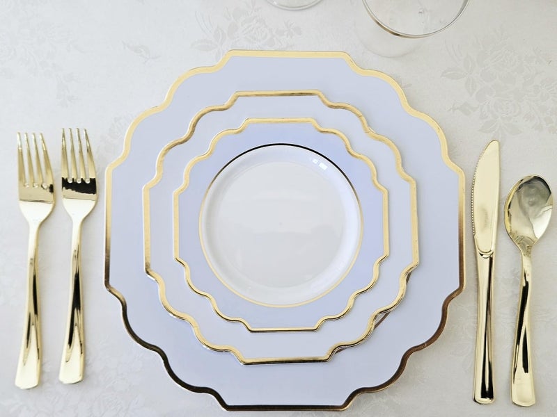 OCCASIONS FINEST PLASTIC TABLEWARE " OCCASIONS " 150 Piece set (25 Guests)-Wedding Plastic Plates & cutlery -Disposable heavyweight Dinnerware 10.5'', 8'' + Silverware w/double fork (Imperial in White/Blue & Gold) - Image 4