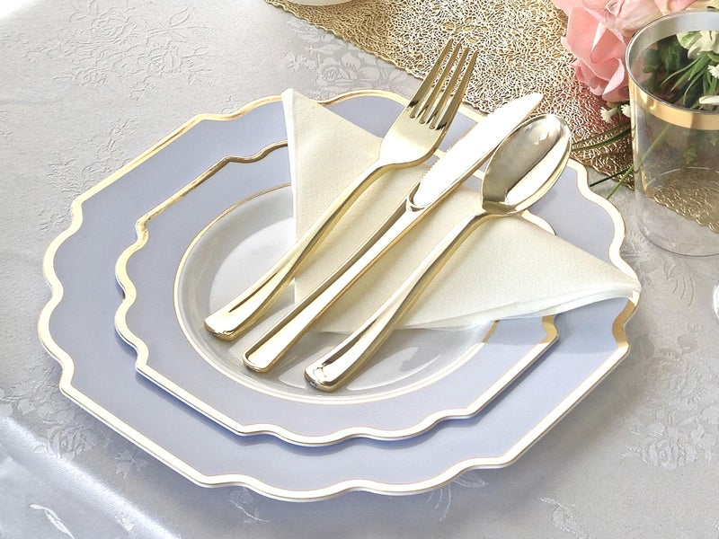 OCCASIONS FINEST PLASTIC TABLEWARE " OCCASIONS " 150 Piece set (25 Guests)-Wedding Plastic Plates & cutlery -Disposable heavyweight Dinnerware 10.5'', 8'' + Silverware w/double fork (Imperial in White/Blue & Gold) - Image 5
