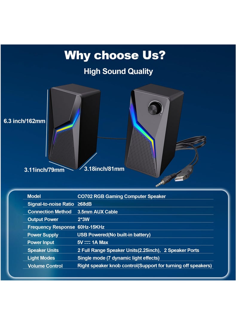 Excefore Computer Speakers, PC Gaming Speakerswith Enhanced Bass and Volume Control, Stereo 2.0 USB Powered 3.5mm AuxMultimedia Speakers for Laptop Desktop Tablets Phone - Image 5