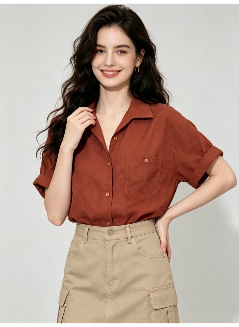 زارا ZARA Women’s Rust Linen Blend Rolled Cuff Short Sleeve Shirt - Image 1