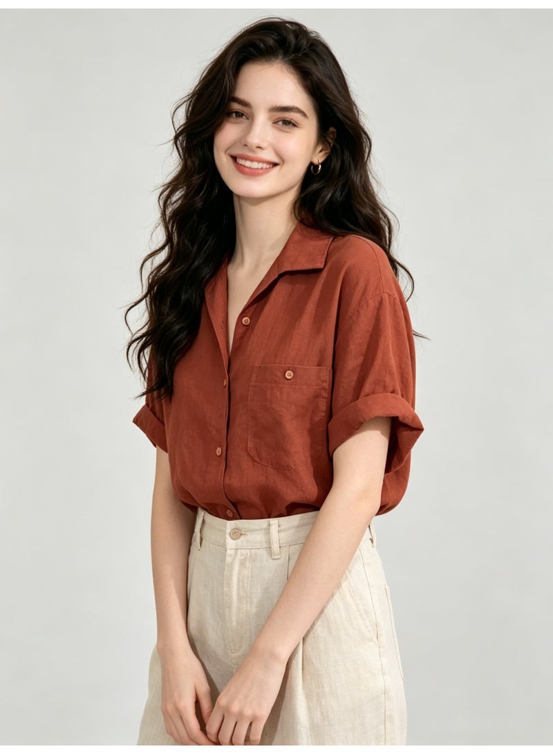 زارا ZARA Women’s Rust Linen Blend Rolled Cuff Short Sleeve Shirt - Image 5