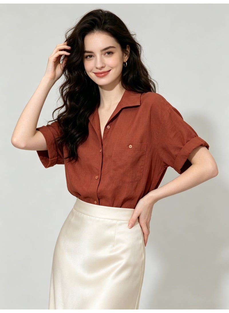 زارا ZARA Women’s Rust Linen Blend Rolled Cuff Short Sleeve Shirt - Image 3