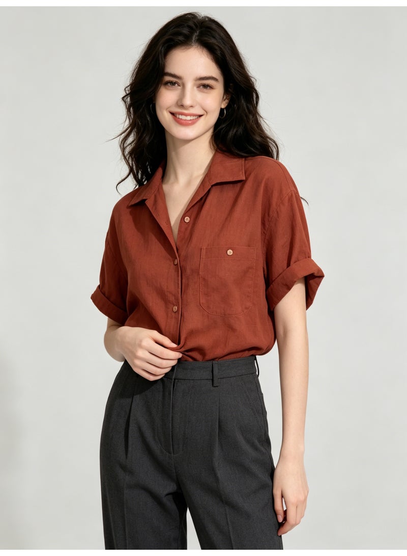 زارا ZARA Women’s Rust Linen Blend Rolled Cuff Short Sleeve Shirt - Image 2