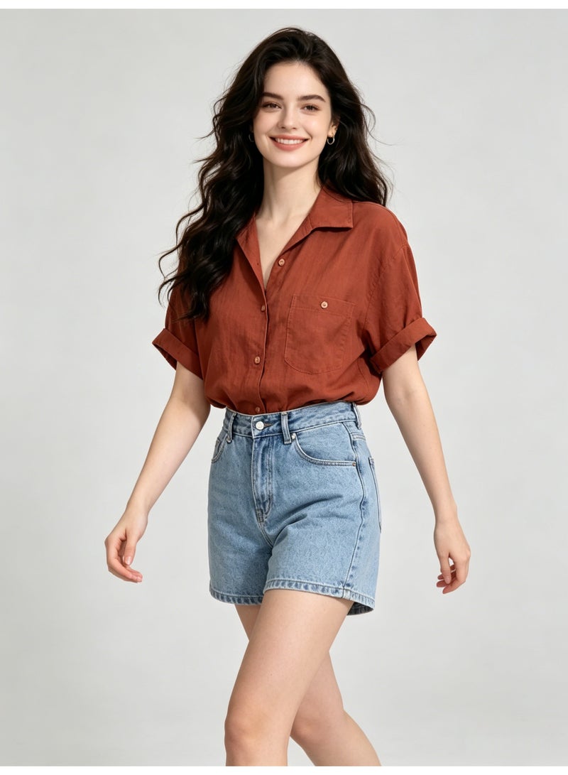 زارا ZARA Women’s Rust Linen Blend Rolled Cuff Short Sleeve Shirt - Image 4