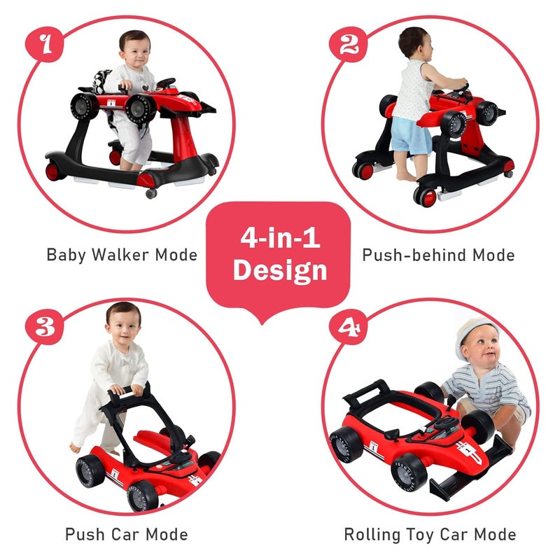 BABY JOY 4in1 Baby Walker Foldable Activity Walker with Adjustable Height  Speed Music Lights AntiRollover Toddler Push Walker Baby Walker with Wheels for Boys Girls 618 Months Red - Image 2