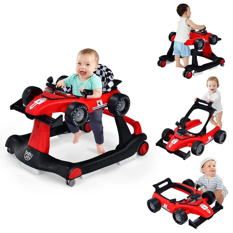 BABY JOY 4in1 Baby Walker Foldable Activity Walker with Adjustable Height  Speed Music Lights AntiRollover Toddler Push Walker Baby Walker with Wheels for Boys Girls 618 Months Red - Image 1