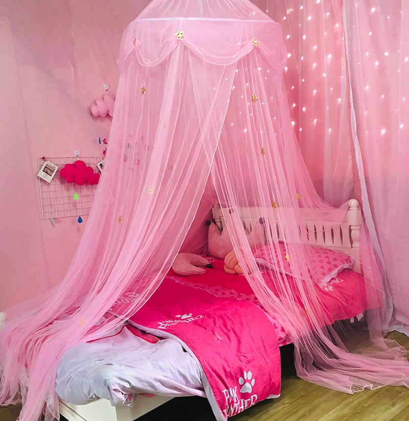 Nattey Bed Canopy for Girls with Star Lights,Princess Canopy Bed Curtains Mosquito Net with Gold Star for Girls Room Decor, Canopy for Bed Twin Single Full Queen Size Bed (Pink) - Image 2