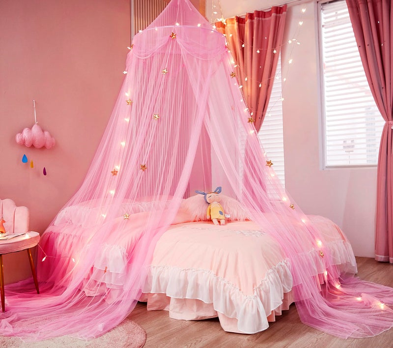 Nattey Bed Canopy for Girls with Star Lights,Princess Canopy Bed Curtains Mosquito Net with Gold Star for Girls Room Decor, Canopy for Bed Twin Single Full Queen Size Bed (Pink) - Image 1