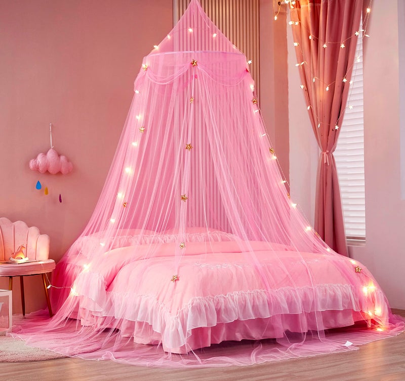 Nattey Bed Canopy for Girls with Star Lights,Princess Canopy Bed Curtains Mosquito Net with Gold Star for Girls Room Decor, Canopy for Bed Twin Single Full Queen Size Bed (Pink) - Image 3