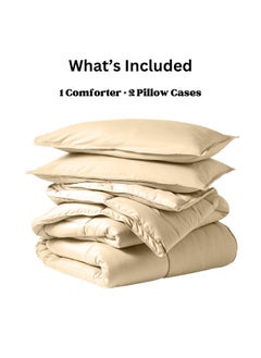 Home of linens Cotton - Plain - 3 Pieces Heavy Comforter Set - 2.8Kgs - Down Alternative Filling - (For Matress 100cm/120cm) - Size (180cm x 240cm) + 2 Pillow Case Covers (50cm x 70cm) - Cream  - Image 4